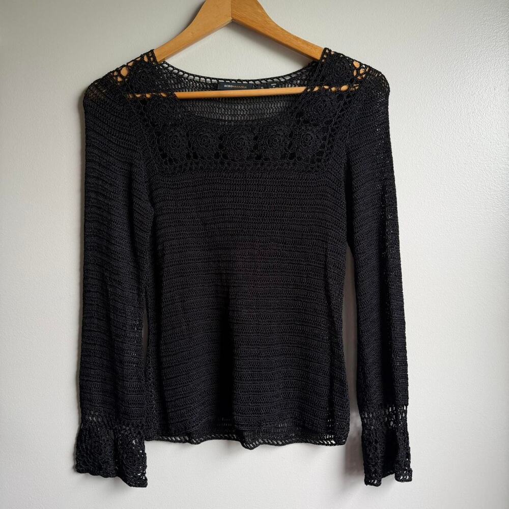 BCBGMAXAZRIA Black Crochet Knit Top Bell Sleeve Square Neck Y2K Grunge Edgy L
